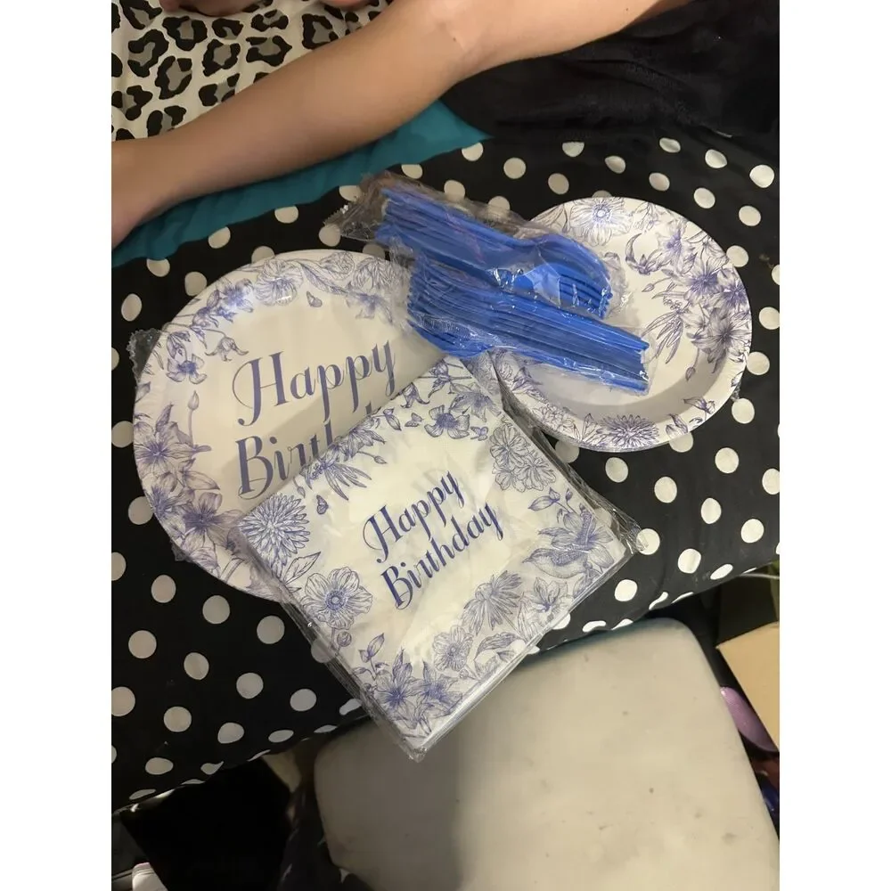 96Pcs Blue Floral Happy Birthday Party Pack Plates Napkins Cutlery Serves 24